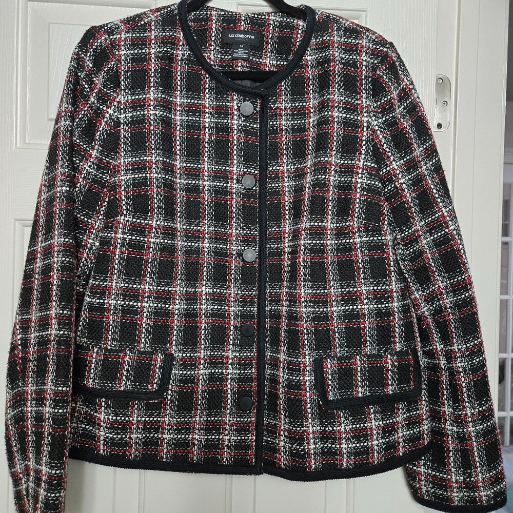 Liz Claiborne Black & Red Plaid Tweed Jacket – Classic Button-Front Blazer Sz 14